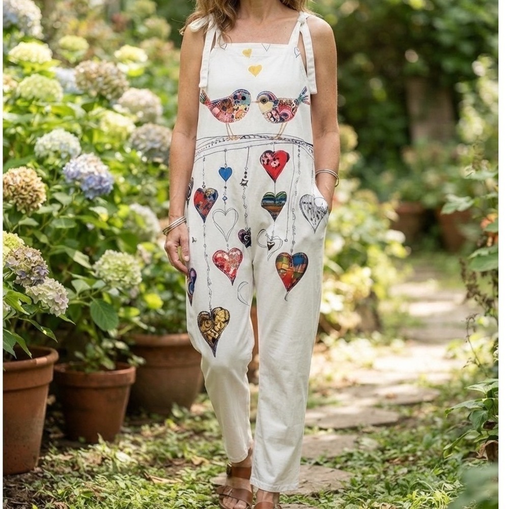 Artistic Bird Heart Graphic Print‎ Tie Strap Jumpsuit White Wide Leg Romper
